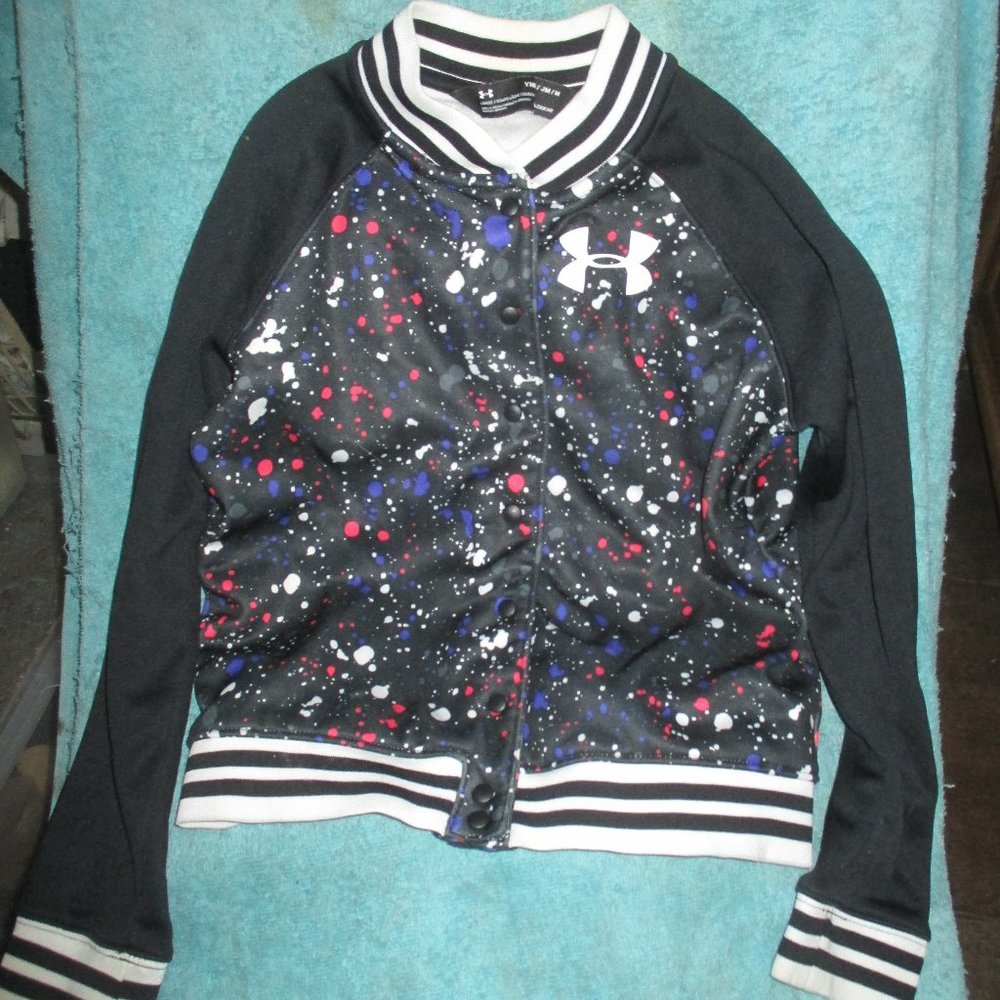 Under Armour Girls Black UA Paint Splatter Striped Bomber Varsity Jacket M